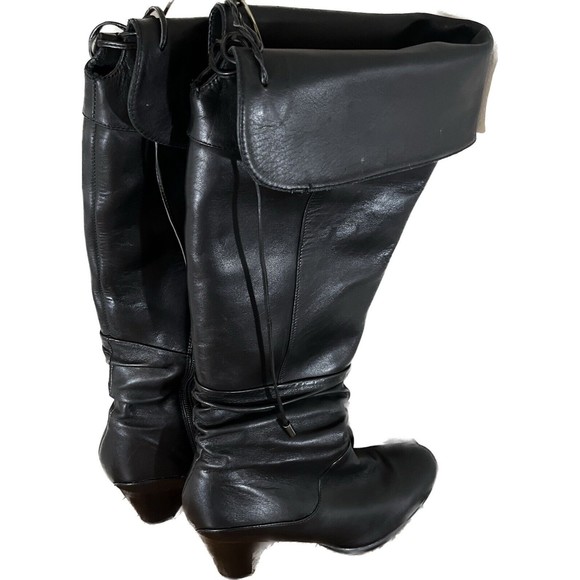 Blondi Knee High Tall Black Leather Heeled Boots Size 8.5 Zip up calf & Lace up - Picture 3 of 13
